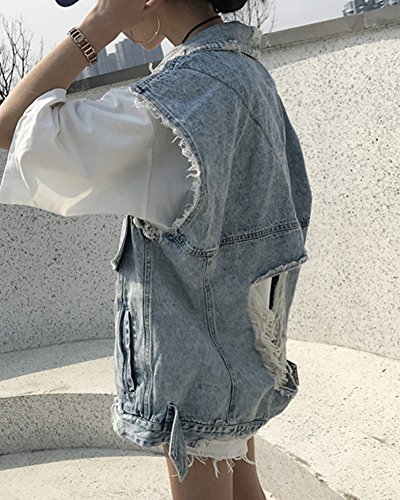 Mujer Elegante Chaleco Vaquero Sin Mangas Rotos Rasgados Boyfriend Oversize Cazadoras Chaqueta Vaquera Azul Claro Talla única