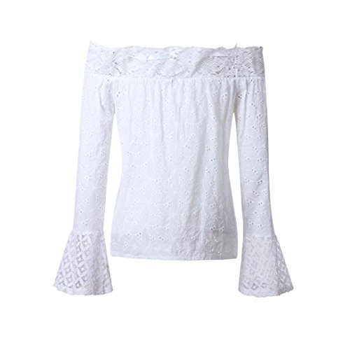 Mujer Encaje Blusas de Manga Larga Camisas sin Tirantes (S, Blanco)