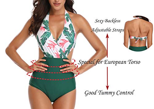 Mujer Halter Trajes de Baño Una Pieza V-Cuello Push-up Monokini Push-up Acolchado Bikini(Verde L)