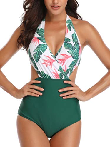 Mujer Halter Trajes de Baño Una Pieza V-Cuello Push-up Monokini Push-up Acolchado Bikini(Verde L)