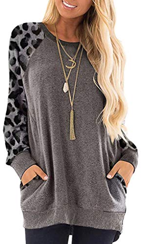 Mujer Leopardo Jersey Sudadera Camiseta Manga Larga Color Block Cómodo Jerséis Tops Grey M