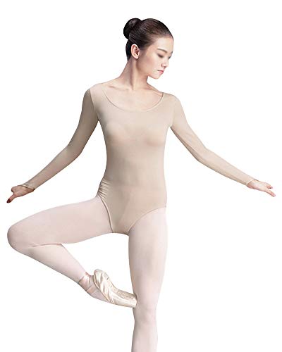 Mujer Maillot De Danza Manga Larga Slim Fit Gimnasia Ballet Leotardo Color Carne Traje De Cuerpo Bata Desnuda 1 2Xl