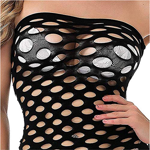 Mujer Malla Lencería Una Pieza Negro, Sexy Mini Vestido de Tubo Fishnet Babydoll Ropa Interior de Dormir Transparente Talla Única Camisa Sin Tirantes (Malla Grande)