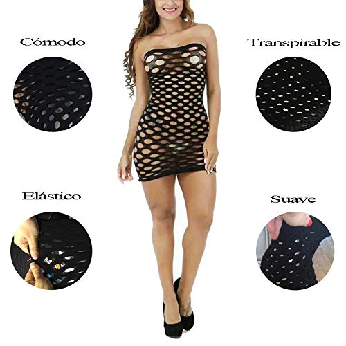 Mujer Malla Lencería Una Pieza Negro, Sexy Mini Vestido de Tubo Fishnet Babydoll Ropa Interior de Dormir Transparente Talla Única Camisa Sin Tirantes (Malla Grande)