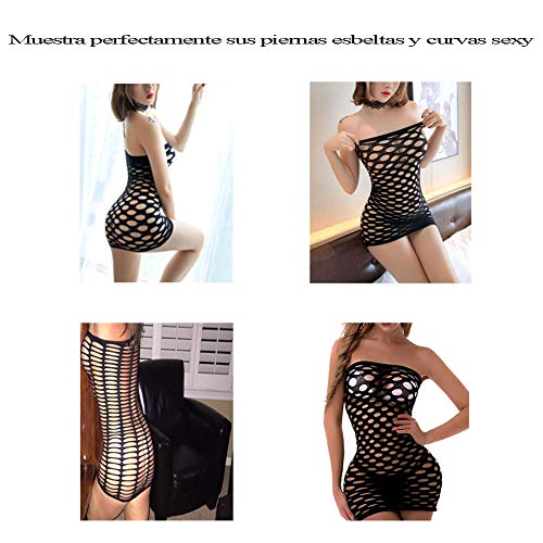 Mujer Malla Lencería Una Pieza Negro, Sexy Mini Vestido de Tubo Fishnet Babydoll Ropa Interior de Dormir Transparente Talla Única Camisa Sin Tirantes (Malla Grande)