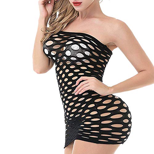 Mujer Malla Lencería Una Pieza Negro, Sexy Mini Vestido de Tubo Fishnet Babydoll Ropa Interior de Dormir Transparente Talla Única Camisa Sin Tirantes (Malla Grande)