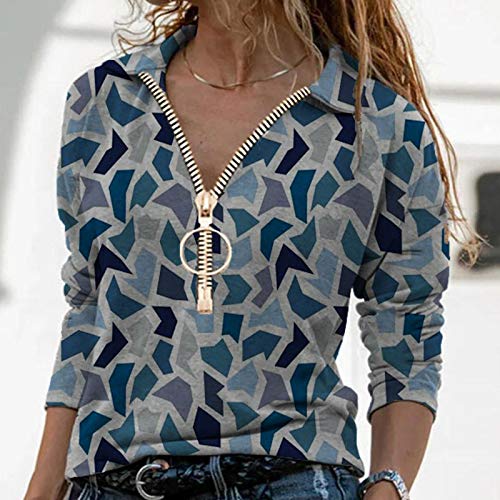 Mujer Moda Cremallera ImpresióN Color A Juego Manga Larga Cuello En V Casual TopsversióN Coreana SóLido Camisa De con Fondo Delgado OtoñO E Invierno Caramelo YANFANGMGray