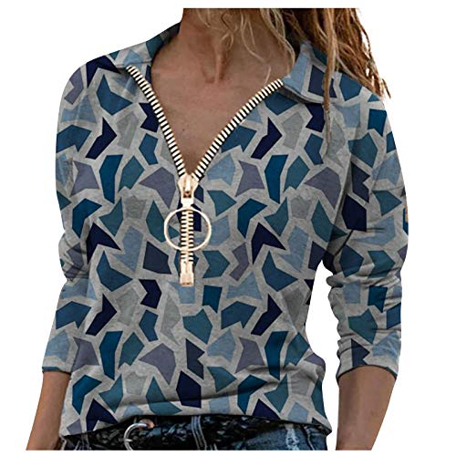 Mujer Moda Cremallera ImpresióN Color A Juego Manga Larga Cuello En V Casual TopsversióN Coreana SóLido Camisa De con Fondo Delgado OtoñO E Invierno Caramelo YANFANGMGray
