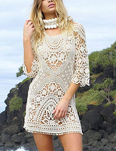 Mujer Pareos Playa Traje de Baño Vestido de la Playa Bikini Cover up Camisola de Playa Larga Mangas V-Cuello Hueco Borlas Vestido de Kaftan Crochet Pareos (Beige)