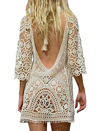 Mujer Pareos Playa Traje de Baño Vestido de la Playa Bikini Cover up Camisola de Playa Larga Mangas V-Cuello Hueco Borlas Vestido de Kaftan Crochet Pareos (Beige)