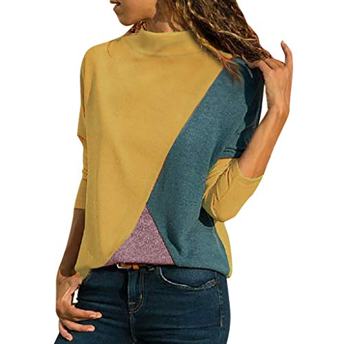 Mujer Polyester Ajustado Blusa Moda Patchwork Casual para Mujer Color Block O-Neck Manga Larga Camiseta Tops Otoño e Invierno Tallas Grandes riou