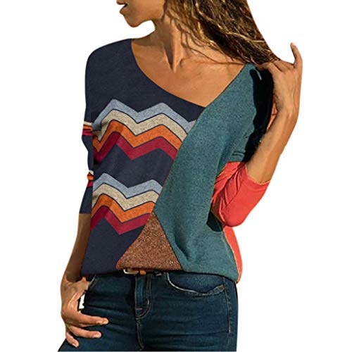 Mujer Polyester Ajustado Blusa Moda Patchwork Casual para Mujer Color Block O-Neck Manga Larga Camiseta Tops Otoño e Invierno Tallas Grandes riou