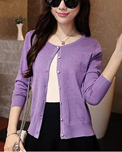 Mujer Pullover Punto Día Hipster Outerwear Primavera Otoño Cuello Redondo Mode De Marca Manga Larga Outwear Color Sólido Botonadura Elegante Tejer Arriba Top (Color : Helles Lila, Size : SG)