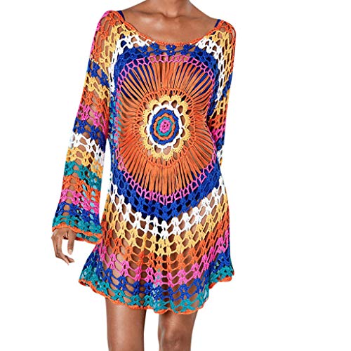 Mujer Ropa de Baño Suelto Vestido de Playa Borla Camisolas y Pareos Bikini Cover up Blusa Playera de Manga Larga Arco Iris Tejida a Mano Traje de baño Suelto de Bikini a Cielo Abierto riou