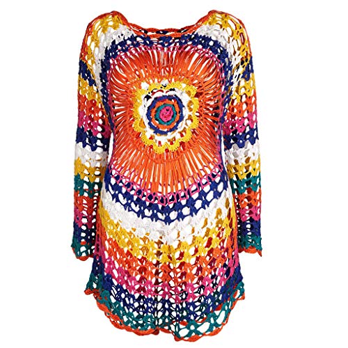 Mujer Ropa de Baño Suelto Vestido de Playa Borla Camisolas y Pareos Bikini Cover up Blusa Playera de Manga Larga Arco Iris Tejida a Mano Traje de baño Suelto de Bikini a Cielo Abierto riou