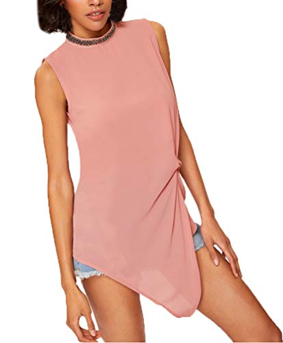 Mujer Sin Mangas Blusas Tops Elegante Moda Irregular Camisas Chalecos Anchos Classic Tendencia Camisa Camiseta De Tirantes Abalorios (Rosa,S)