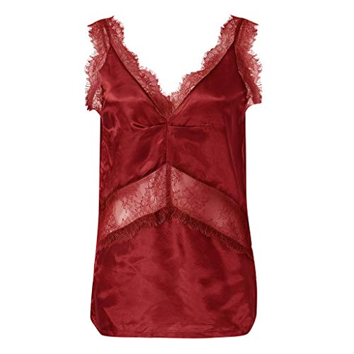 Mujer sin Mangas con Cuello en V de Encaje Patchwork Slim Fit Camiseta Top Blusa