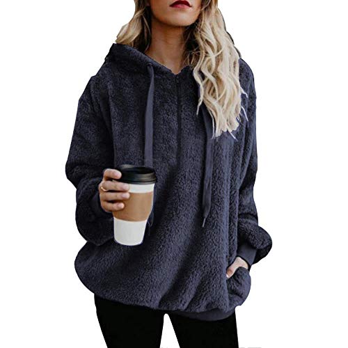 Mujer Sudadera con Capucha Suelta Tallas Grandes Jersey De Mujer Jersey Otoño Invierno Manga Larga Moda Abrigo Cálido Color Sólido Media Cremallera
