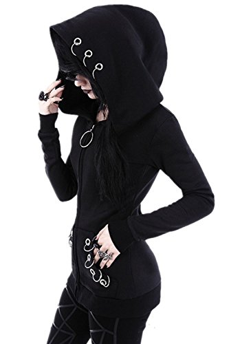 Mujer Sudaderas con Capucha Cremallera Manga Larga Punk Chaqueta Abrigo Top Black XXL