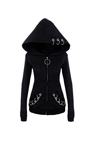 Mujer Sudaderas con Capucha Cremallera Manga Larga Punk Chaqueta Abrigo Top Black XXL