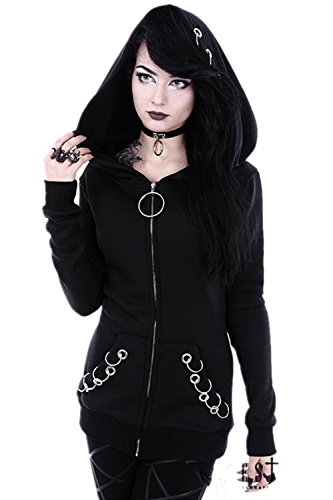 Mujer Sudaderas con Capucha Cremallera Manga Larga Punk Chaqueta Abrigo Top Black XXL