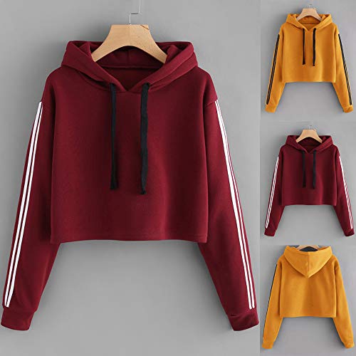 Mujer Sudaderas Cortas, K-Youth 2018 Rebajas Otoño Invierno Ropa Moda Rayas Sudaderas con Capucha Manga Larga Sudaderas Tumblr Mujer Blusa Tops(Vino Rojo, S)