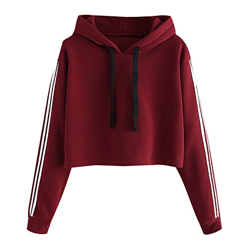 Mujer Sudaderas Cortas, K-Youth 2018 Rebajas Otoño Invierno Ropa Moda Rayas Sudaderas con Capucha Manga Larga Sudaderas Tumblr Mujer Blusa Tops(Vino Rojo, S)