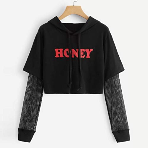 Mujer Sudaderas Cortas,ZARLLE Casual Honey Letras Mujer Sudaderas con Capucha Manga de Red Sudaderas Tumblr Mujer Cortas Adolescente Deportiva Blusa Tops Sudaderas para Mujer