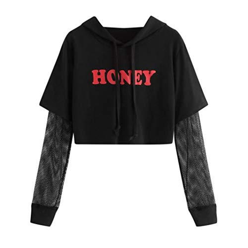 Mujer Sudaderas Cortas,ZARLLE Casual Honey Letras Mujer Sudaderas con Capucha Manga de Red Sudaderas Tumblr Mujer Cortas Adolescente Deportiva Blusa Tops Sudaderas para Mujer