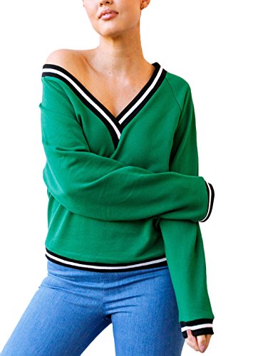 Mujer Sudaderas Deportivas Anchas Invierno Otoño Sudadera Elegantes Verde Basicas Manga Lindo Chic Larga V Cuello Sweatshirts Juveniles Hipster Casual Niña Pullover Tops Camisetas