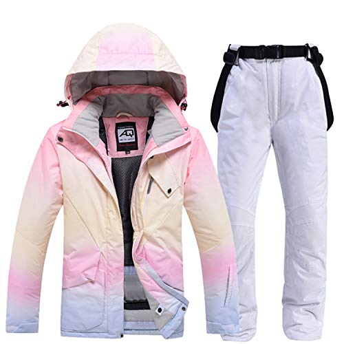 Mujer Traje Esquí Color Degradado Resistente Al Viento Impermeable Esquí Chaqueta Snowboard Conjunto De Pantalón Con Pechera Invierno Deporte Al Aire Libre Traje De Nieve Ropa De Esquí,Blanco,M