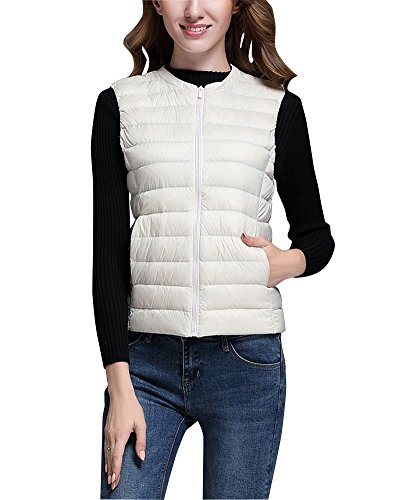 Mujer Ultra-Light Chaleco de Pluma Sin Cuello Plegable Down Chaquetas Beige S