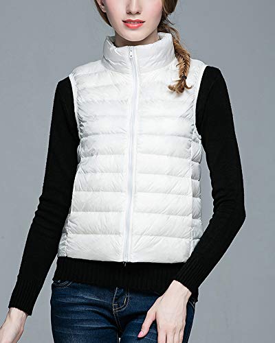 Mujer Ultraligero Chaleco Portátil de Plumón Cremallera Sin Mangas Ligero Plegable de Abrigo de Invierno Blanco S
