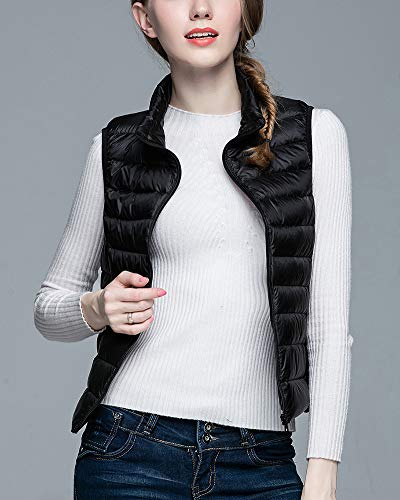 Mujer Ultraligero Chaleco Portátil de Plumón Cremallera Sin Mangas Ligero Plegable de Abrigo de Invierno Negro S