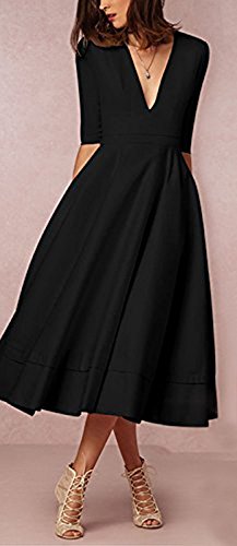 Mujer Vestidos De Fiesta para Bodas Largos Otoño Invierno Vestidos Coctel Elegante Moda De Marca Largos V Cuello Media Manga Retro Color Sólido con Una Línea Niña Vestido con Volantes Ceremonia