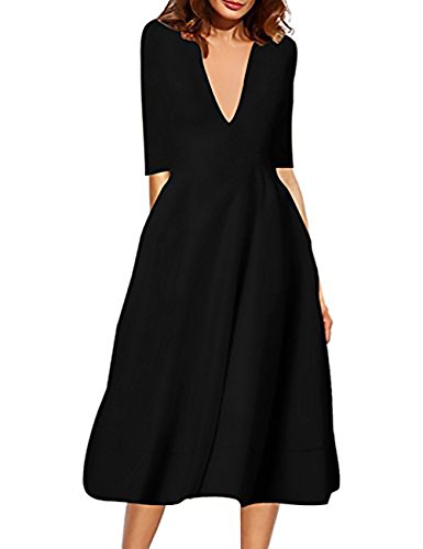 Mujer Vestidos De Fiesta para Bodas Largos Otoño Invierno Vestidos Coctel Elegante Moda De Marca Largos V Cuello Media Manga Retro Color Sólido con Una Línea Niña Vestido con Volantes Ceremonia