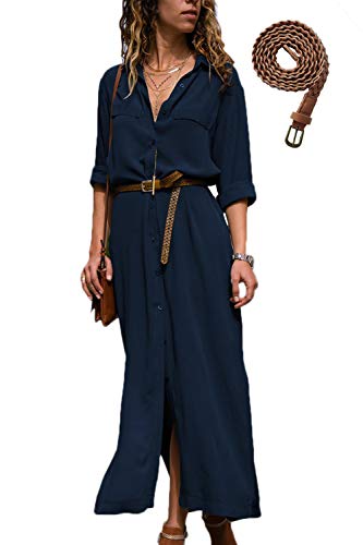 Mujer Vestidos Largos Casual Camiseros Manga Larga Botón Lateral De Hendidura Vestido De Fiesta Azul M