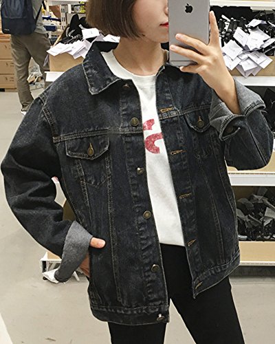 Mujer Vintage Boyfriend Chaqueta Denim De Manga Larga Suelto Cazadora Vaquera Negro M