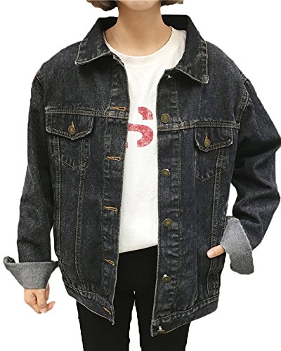 Mujer Vintage Boyfriend Chaqueta Denim De Manga Larga Suelto Cazadora Vaquera Negro M