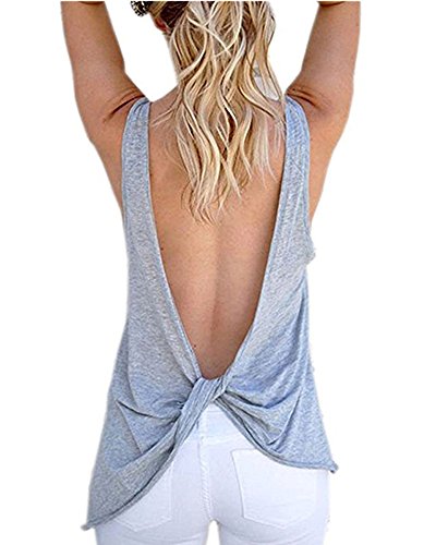 Mujeres Backless Sleeveless Tank Top con Espalda Abierta Nudo Casual Shirt Tee (Gris claro, M :38/40)