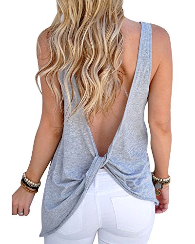 Mujeres Backless Sleeveless Tank Top con Espalda Abierta Nudo Casual Shirt Tee (Gris claro, M :38/40)