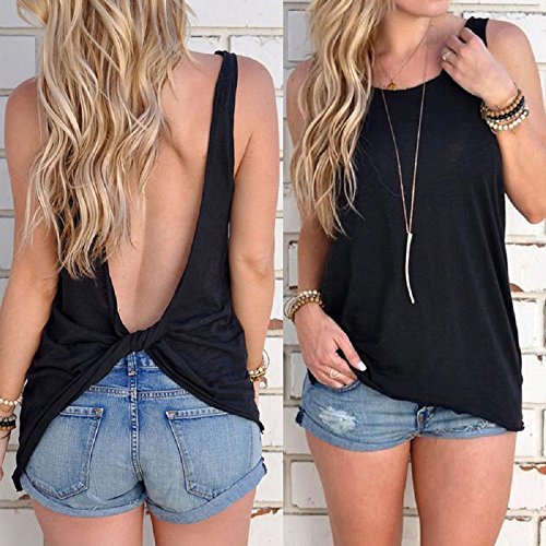 Mujeres Backless Sleeveless Tank Top con Espalda Abierta Nudo Casual Shirt tee (Z#Negro, S :34/36)