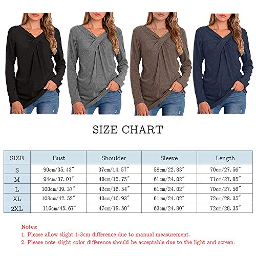 Mujeres Casual Cuello en V Nudo Cruzado pulóver Color sólido Suelta cómoda Camisa Blusa de Manga Larga (Azul, S)
