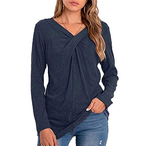 Mujeres Casual Cuello en V Nudo Cruzado pulóver Color sólido Suelta cómoda Camisa Blusa de Manga Larga (Azul, S)
