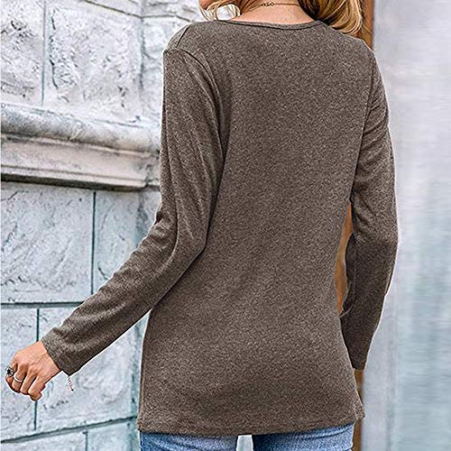 Mujeres Casual Cuello en V Nudo Cruzado pulóver Color sólido Suelta cómoda Camisa Blusa de Manga Larga (Caqui, S)