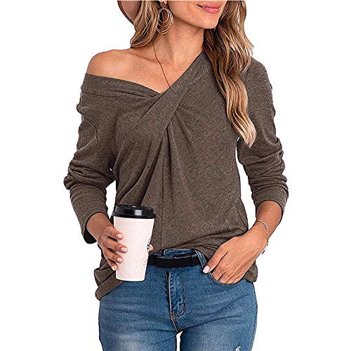 Mujeres Casual Cuello en V Nudo Cruzado pulóver Color sólido Suelta cómoda Camisa Blusa de Manga Larga (Caqui, S)