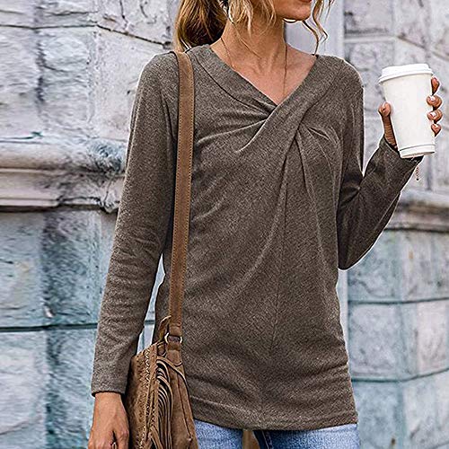 Mujeres Casual Cuello en V Nudo Cruzado pulóver Color sólido Suelta cómoda Camisa Blusa de Manga Larga (Caqui, S)