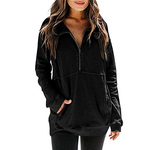 Mujeres Casual Solapa Cuello Alto Cremallera Sudadera Pullover Manga Larga Cordón Suéter Tops con Bolsillo (Negro, M)