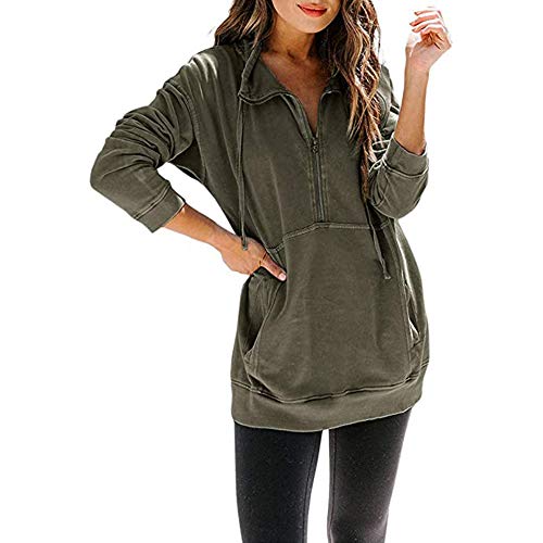 Mujeres Casual Solapa Cuello Alto Cremallera Sudadera Pullover Manga Larga Cordón Suéter Tops con Bolsillo (Verde, XL)