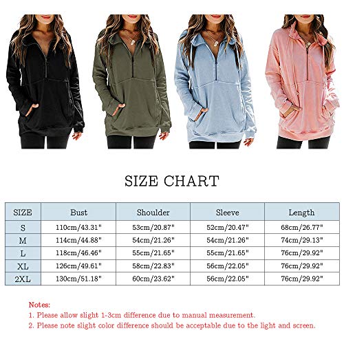 Mujeres Casual Solapa Cuello Alto Cremallera Sudadera Pullover Manga Larga Cordón Suéter Tops con Bolsillo (Verde, XL)